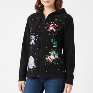 Vintage Christmas Jacket Womens S Black Fleece Embroidered Essentials by Maggie